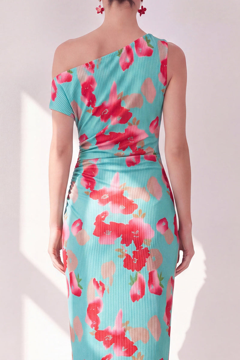 Laden Sie das Bild in den Galerie-Viewer, Blau-Rot-Blume Ein-Schulter-Bodycon gerafftes Midi-Kleid