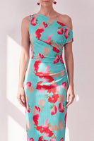 Laden Sie das Bild in den Galerie-Viewer, Blau-Rot-Blume Ein-Schulter-Bodycon gerafftes Midi-Kleid