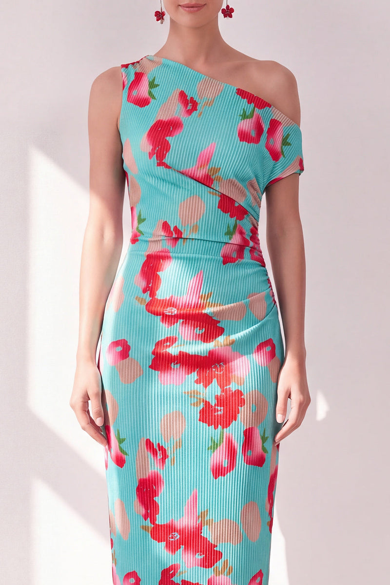 Laden Sie das Bild in den Galerie-Viewer, Blau-Rot-Blume Ein-Schulter-Bodycon gerafftes Midi-Kleid