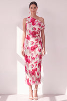 Laden Sie das Bild in den Galerie-Viewer, Blau-Rot-Blume Ein-Schulter-Bodycon gerafftes Midi-Kleid