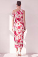 Laden Sie das Bild in den Galerie-Viewer, Blau-Rot-Blume Ein-Schulter-Bodycon gerafftes Midi-Kleid