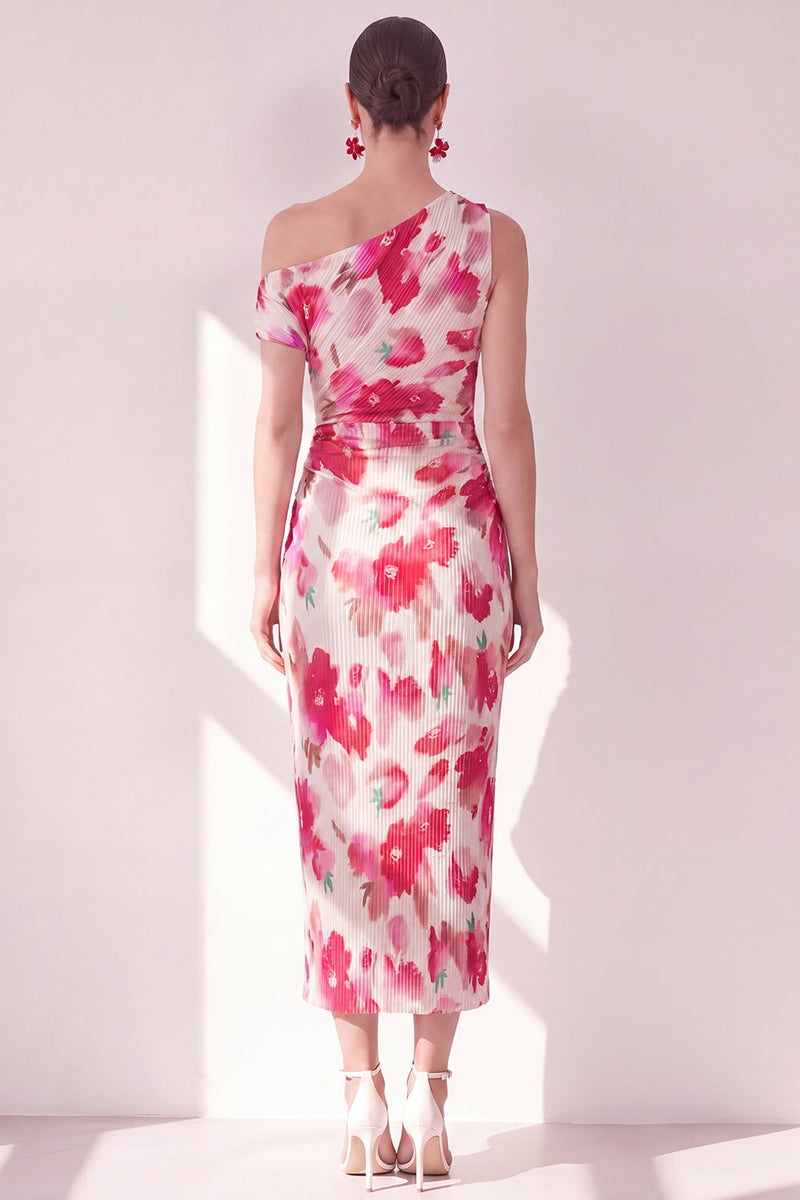 Laden Sie das Bild in den Galerie-Viewer, Blau-Rot-Blume Ein-Schulter-Bodycon gerafftes Midi-Kleid