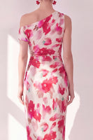 Laden Sie das Bild in den Galerie-Viewer, Blau-Rot-Blume Ein-Schulter-Bodycon gerafftes Midi-Kleid