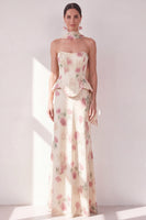 Laden Sie das Bild in den Galerie-Viewer, Aprikosen-Trägerloses Maxi-Blumenkleid mit Halsschal