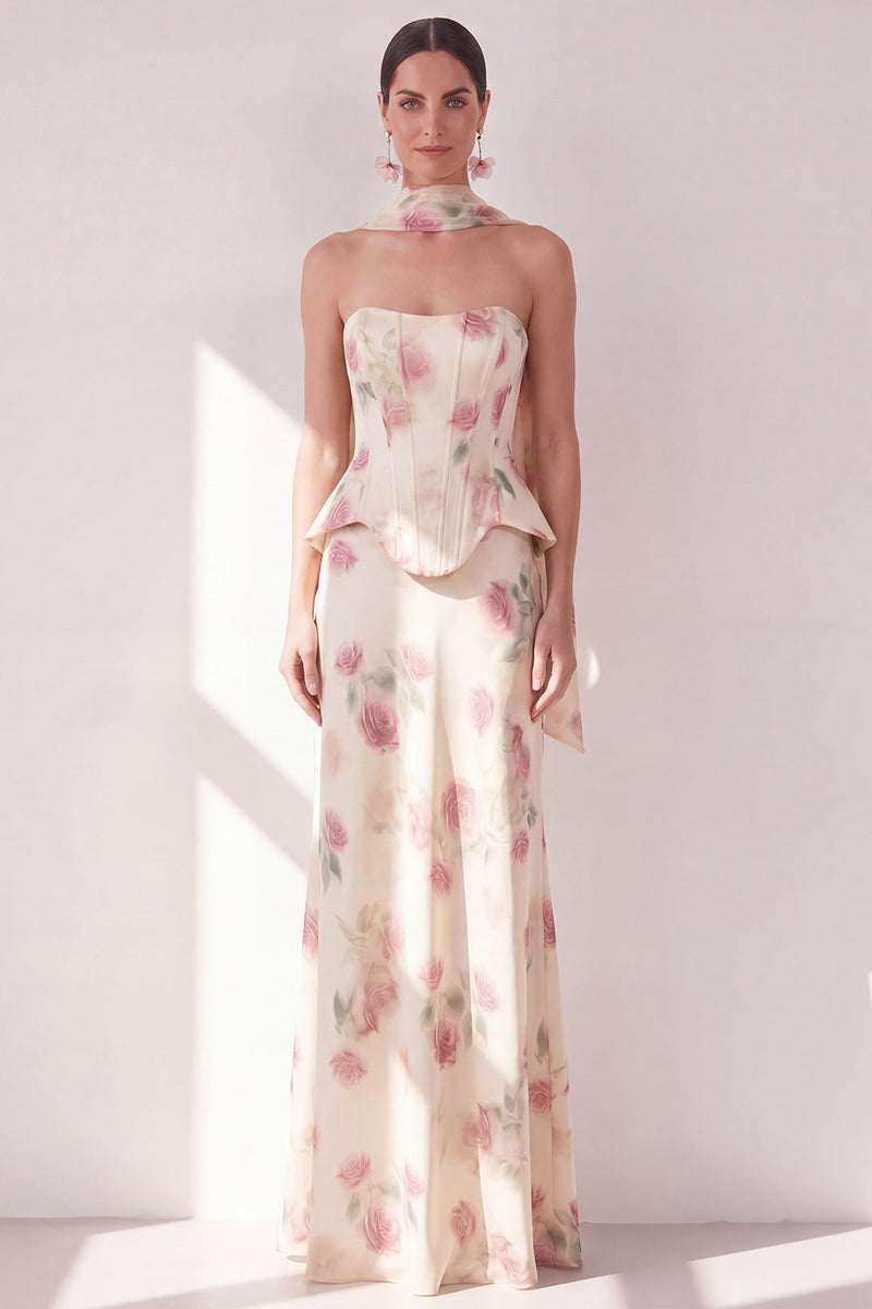 Laden Sie das Bild in den Galerie-Viewer, Aprikosen-Trägerloses Maxi-Blumenkleid mit Halsschal