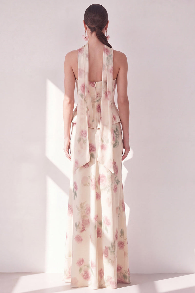 Laden Sie das Bild in den Galerie-Viewer, Aprikosen-Trägerloses Maxi-Blumenkleid mit Halsschal
