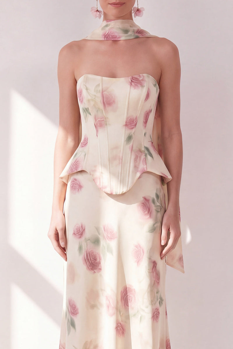 Laden Sie das Bild in den Galerie-Viewer, Aprikosen-Trägerloses Maxi-Blumenkleid mit Halsschal