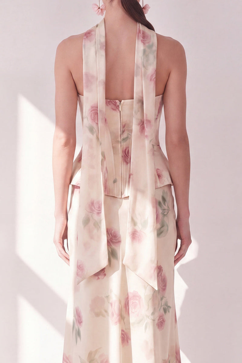 Laden Sie das Bild in den Galerie-Viewer, Aprikosen-Trägerloses Maxi-Blumenkleid mit Halsschal