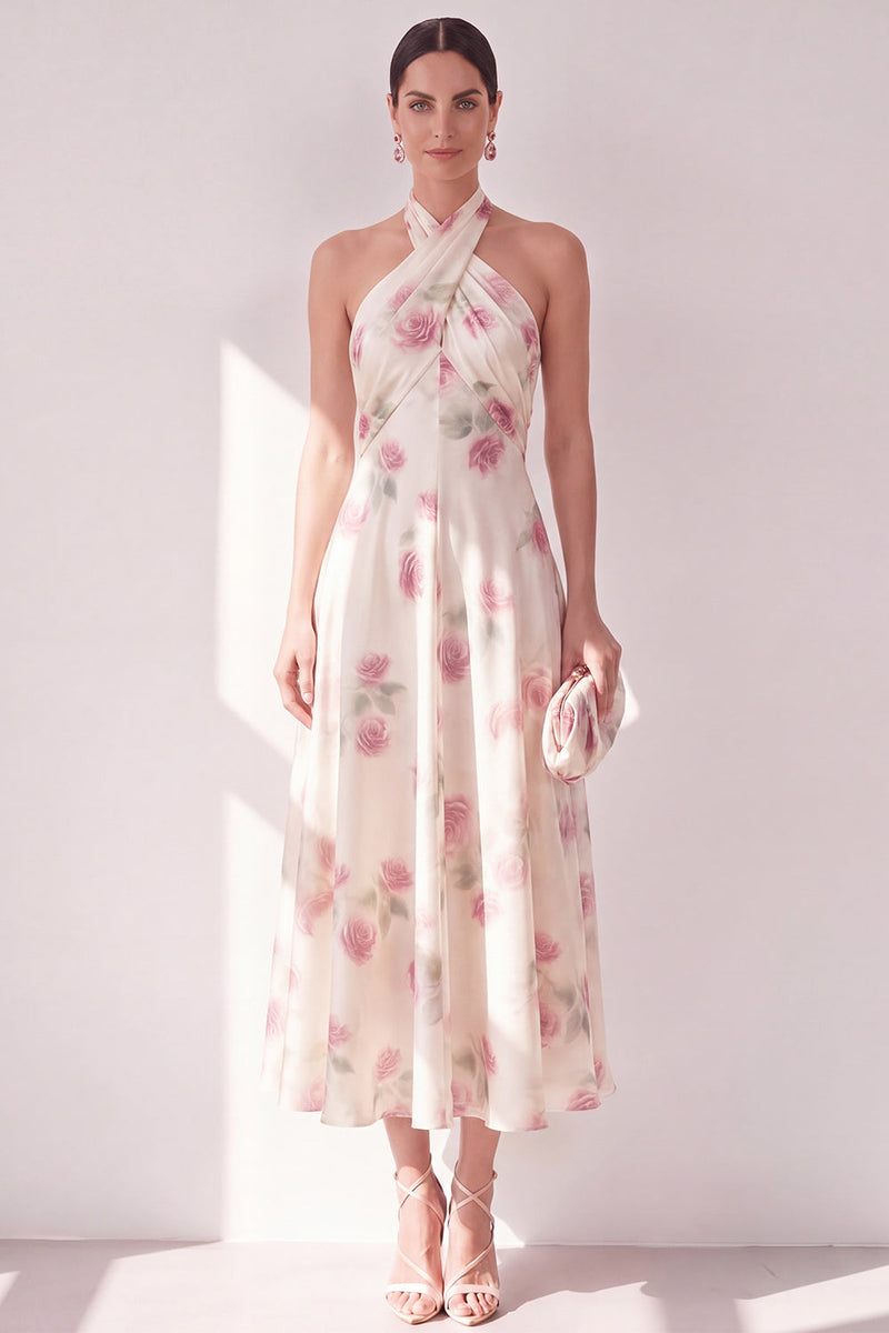 Laden Sie das Bild in den Galerie-Viewer, Aprikosen-Neckholder-A-Linie Midi-Blumenkleid