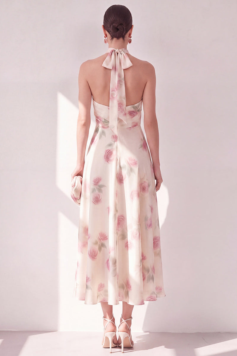 Laden Sie das Bild in den Galerie-Viewer, Aprikosen-Neckholder-A-Linie Midi-Blumenkleid