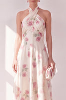 Laden Sie das Bild in den Galerie-Viewer, Aprikosen-Neckholder-A-Linie Midi-Blumenkleid