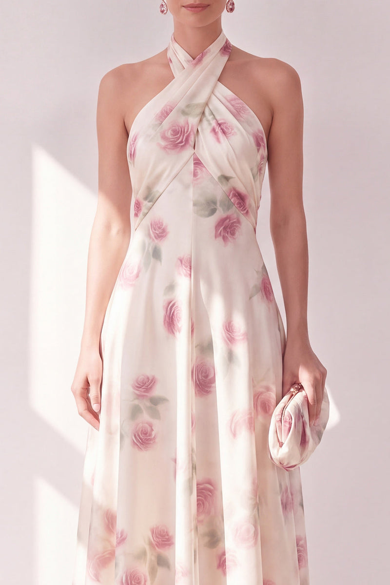 Laden Sie das Bild in den Galerie-Viewer, Aprikosen-Neckholder-A-Linie Midi-Blumenkleid