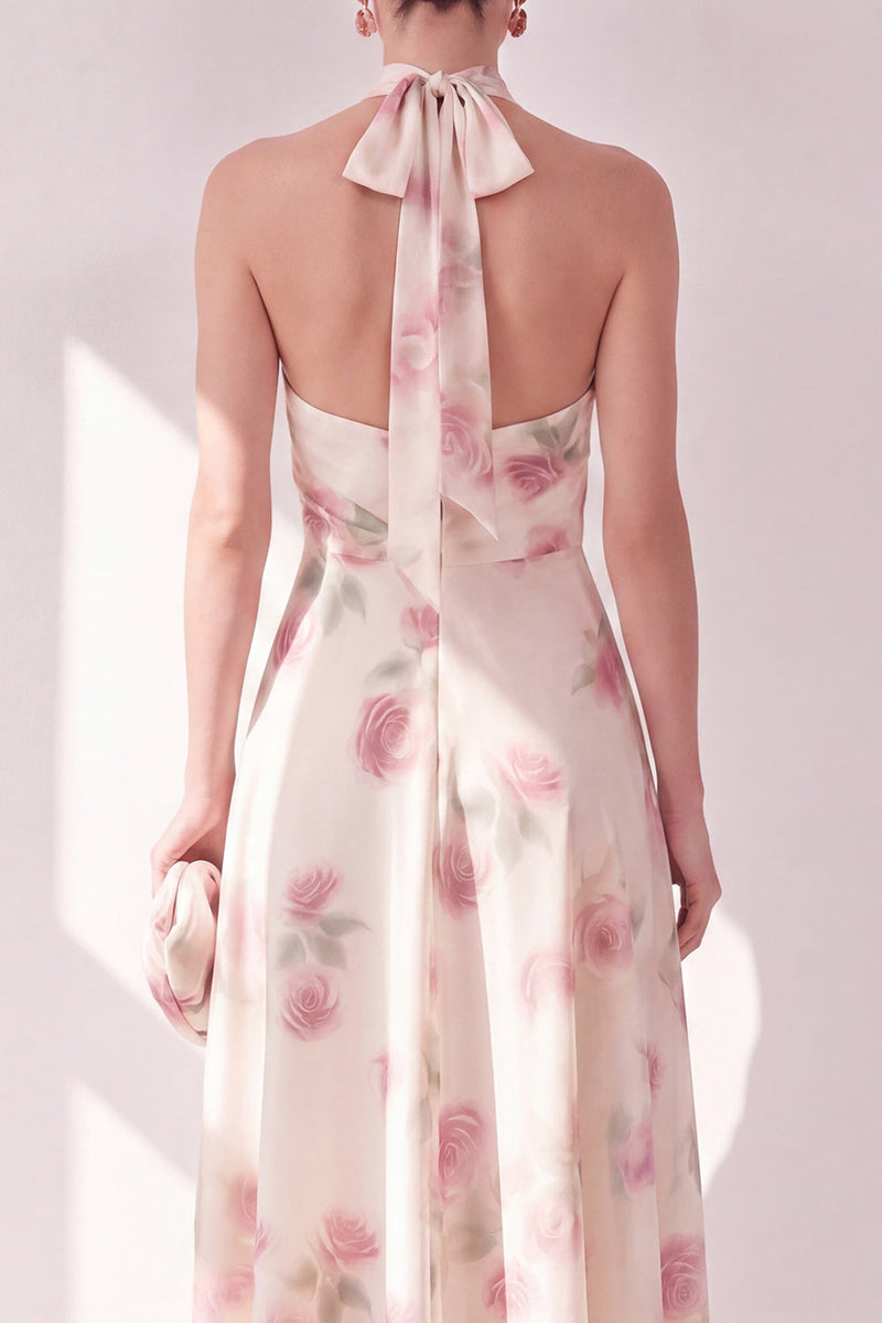 Laden Sie das Bild in den Galerie-Viewer, Aprikosen-Neckholder-A-Linie Midi-Blumenkleid
