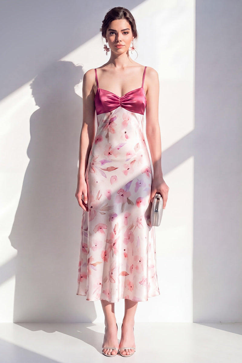 Laden Sie das Bild in den Galerie-Viewer, Rosa A-Linie Satin Spaghetti-Träger Blumen-Midi-Kleid