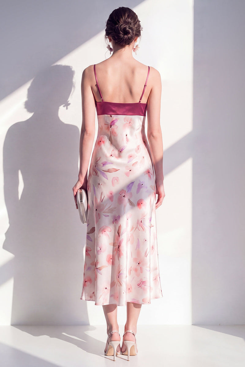 Laden Sie das Bild in den Galerie-Viewer, Rosa A-Linie Satin Spaghetti-Träger Blumen-Midi-Kleid