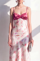 Laden Sie das Bild in den Galerie-Viewer, Rosa A-Linie Satin Spaghetti-Träger Blumen-Midi-Kleid