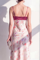 Laden Sie das Bild in den Galerie-Viewer, Rosa A-Linie Satin Spaghetti-Träger Blumen-Midi-Kleid