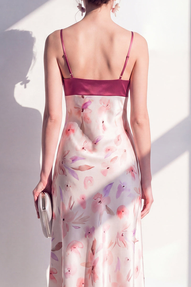 Laden Sie das Bild in den Galerie-Viewer, Rosa A-Linie Satin Spaghetti-Träger Blumen-Midi-Kleid