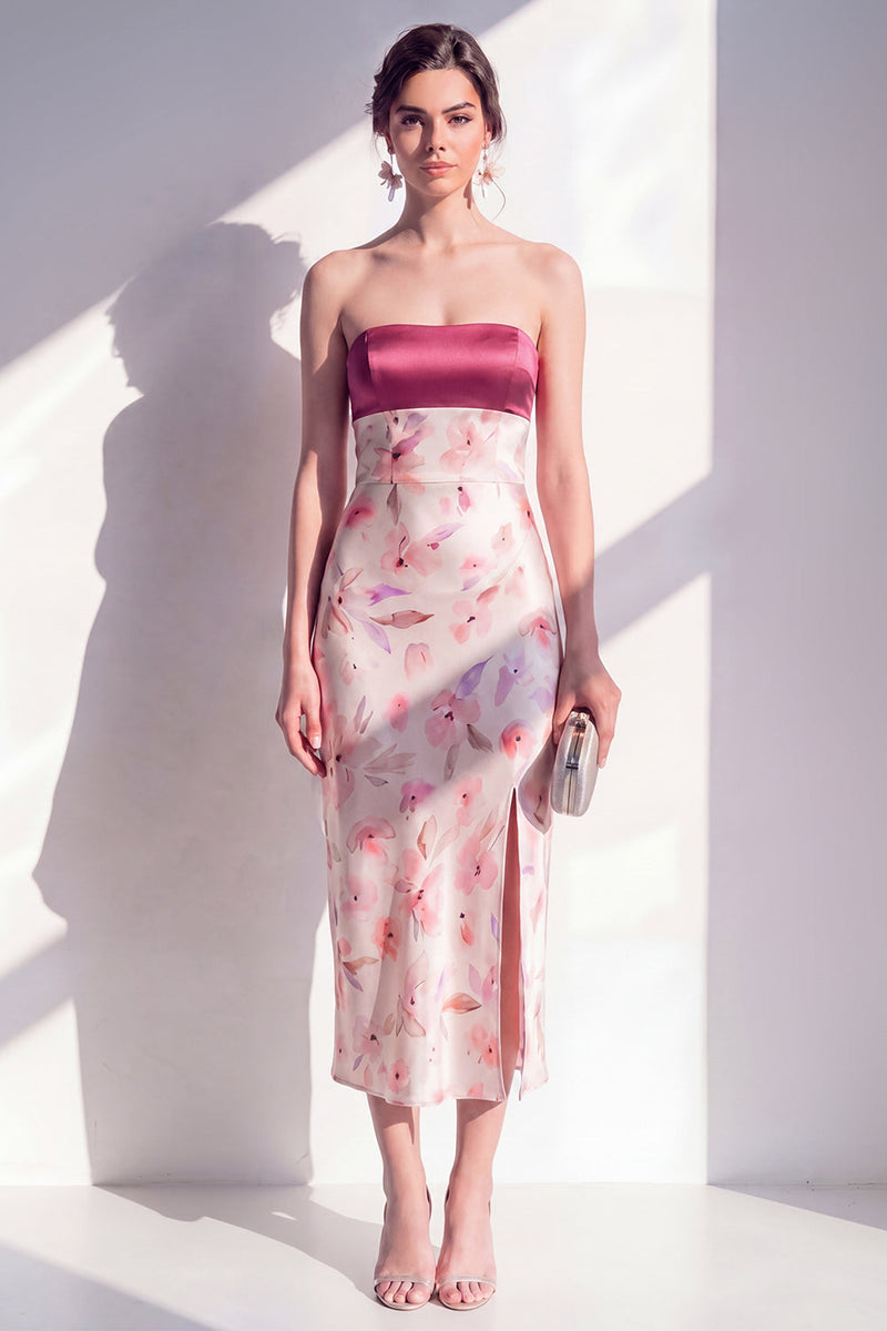 Laden Sie das Bild in den Galerie-Viewer, Rosa satinfarbenes, trägerloses, geblümtes Midikleid mit Scheide und Schlitz