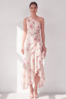 Laden Sie das Bild in den Galerie-Viewer, Aprikosenfarbenes einschulterfarbenes Chiffon-A-Linie Maxi-Floralkleid mit Rüschen