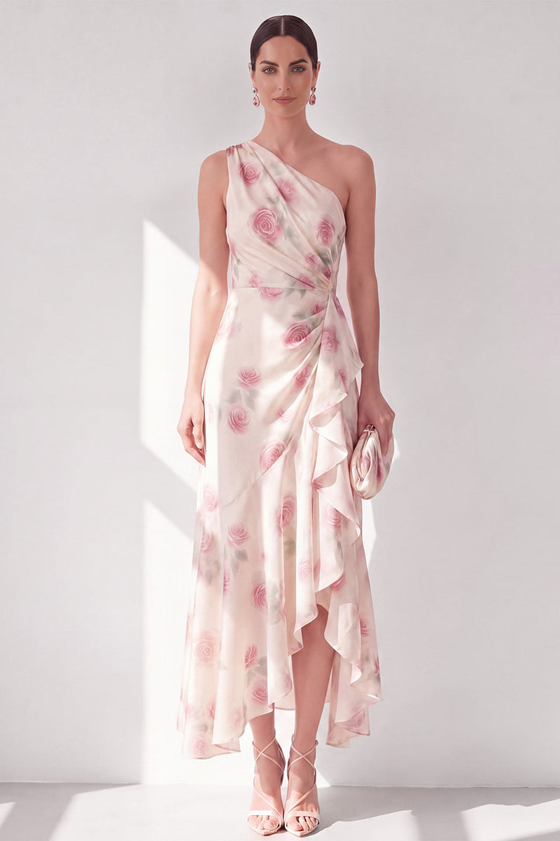 Laden Sie das Bild in den Galerie-Viewer, Aprikosenfarbenes einschulterfarbenes Chiffon-A-Linie Maxi-Floralkleid mit Rüschen