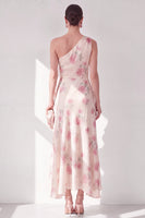 Laden Sie das Bild in den Galerie-Viewer, Aprikosenfarbenes einschulterfarbenes Chiffon-A-Linie Maxi-Floralkleid mit Rüschen