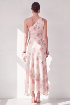Aprikosenfarbenes einschulterfarbenes Chiffon-A-Linie Maxi-Floralkleid mit Rüschen