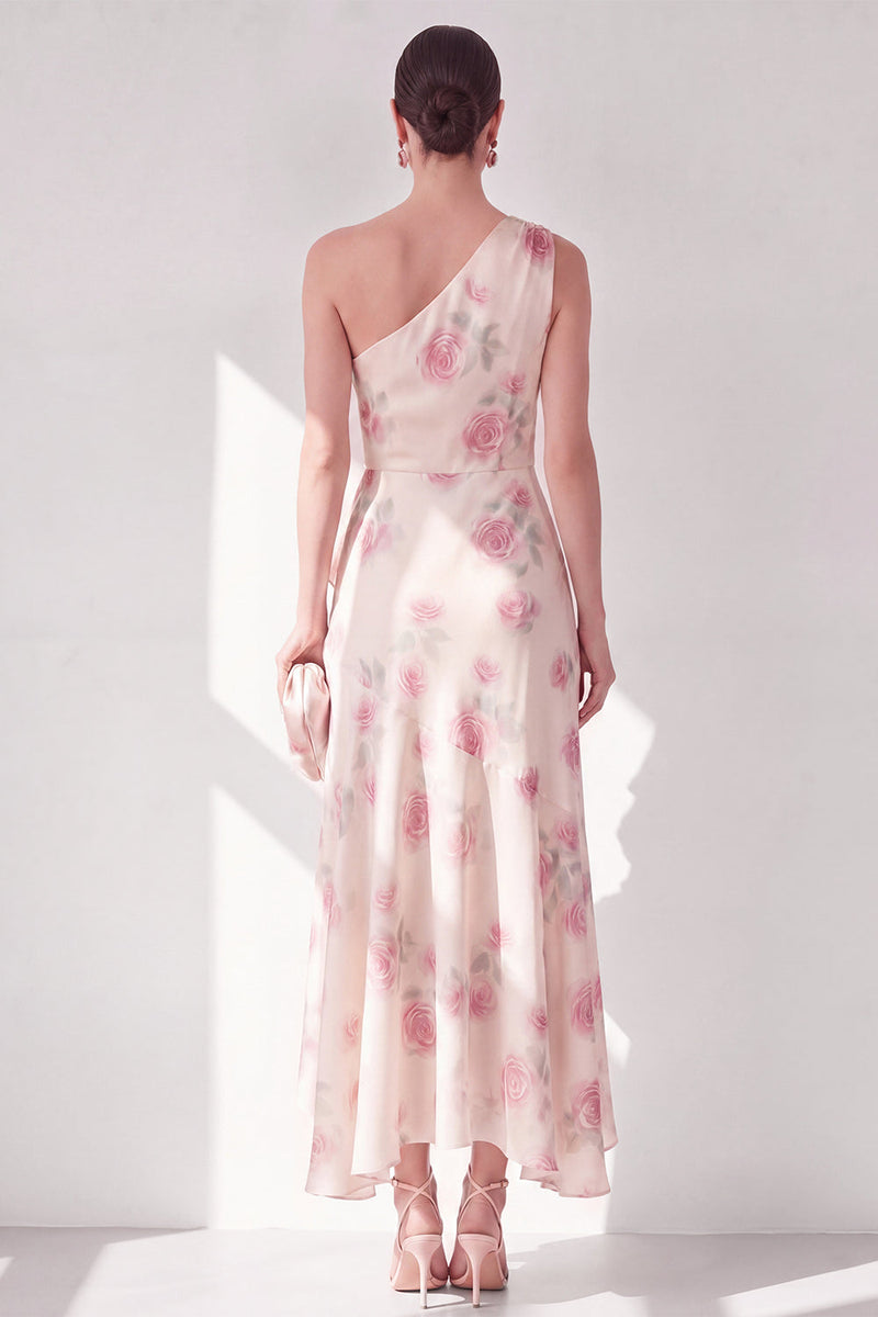 Laden Sie das Bild in den Galerie-Viewer, Aprikosenfarbenes einschulterfarbenes Chiffon-A-Linie Maxi-Floralkleid mit Rüschen