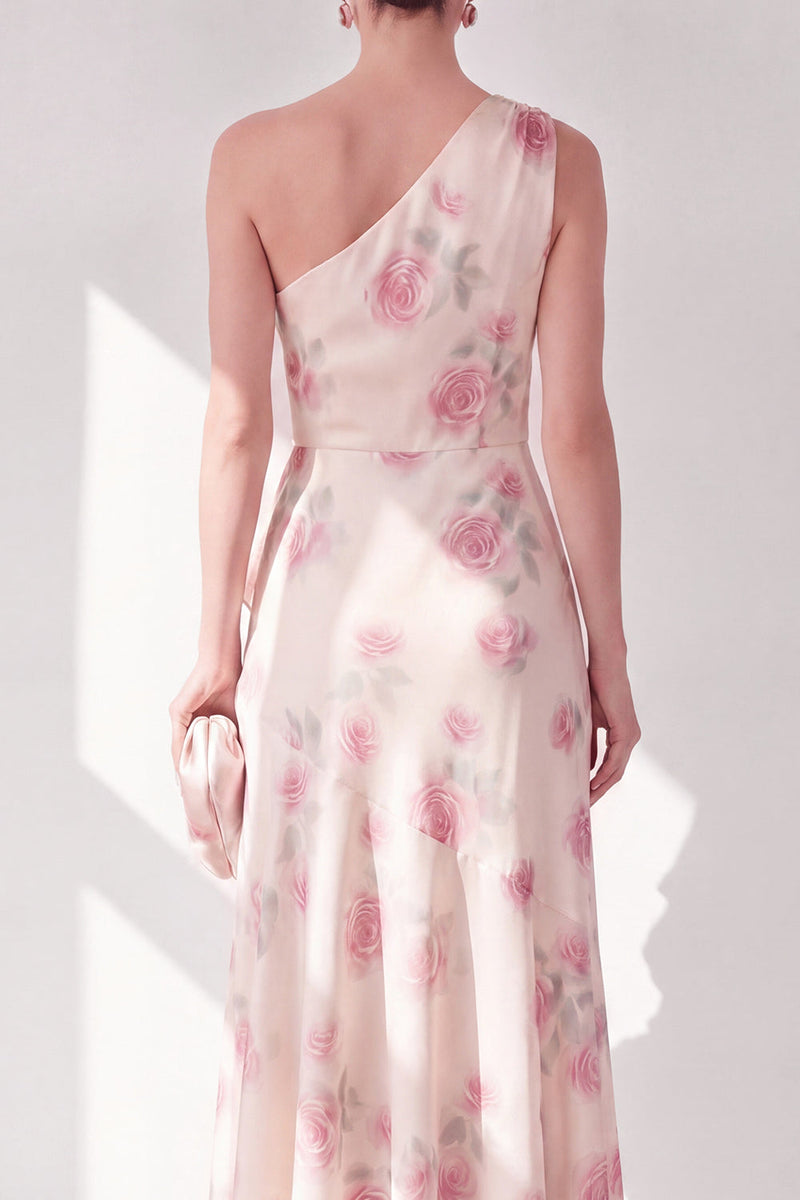 Laden Sie das Bild in den Galerie-Viewer, Aprikosenfarbenes einschulterfarbenes Chiffon-A-Linie Maxi-Floralkleid mit Rüschen