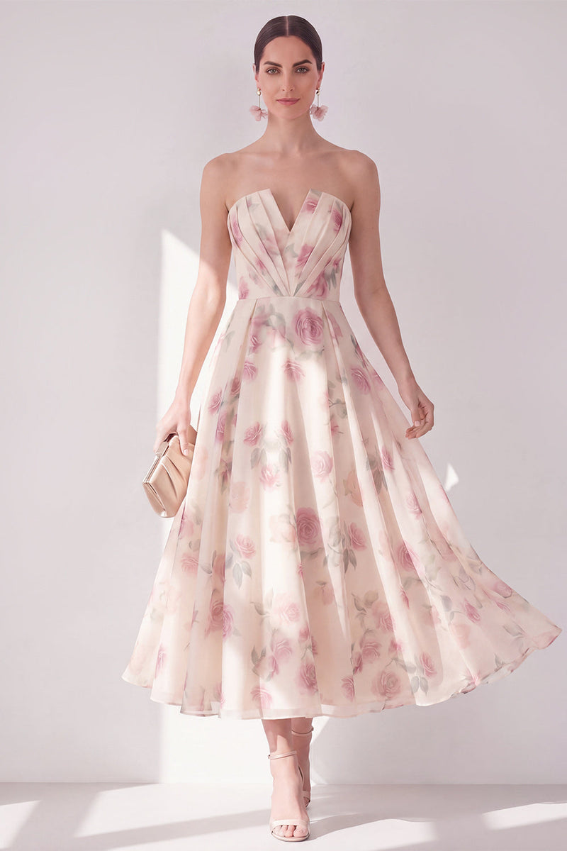 Laden Sie das Bild in den Galerie-Viewer, Aprikosen-trägerloses Chiffon-Zug-A-Line-Midi-Blumenkleid