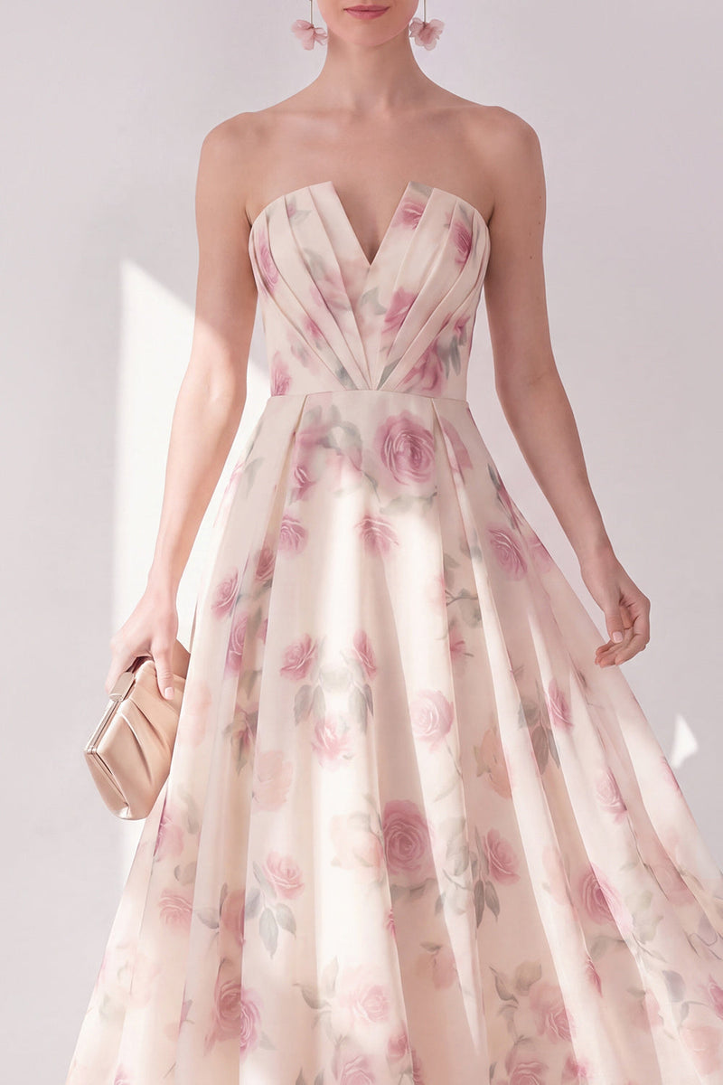 Laden Sie das Bild in den Galerie-Viewer, Aprikosen-trägerloses Chiffon-Zug-A-Line-Midi-Blumenkleid