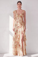 Laden Sie das Bild in den Galerie-Viewer, Aprikosen-Meerjungfrauen-Chiffon mit gerafftem Korsett und gerüschendem Blumen-Maxikleid mit Schlitz