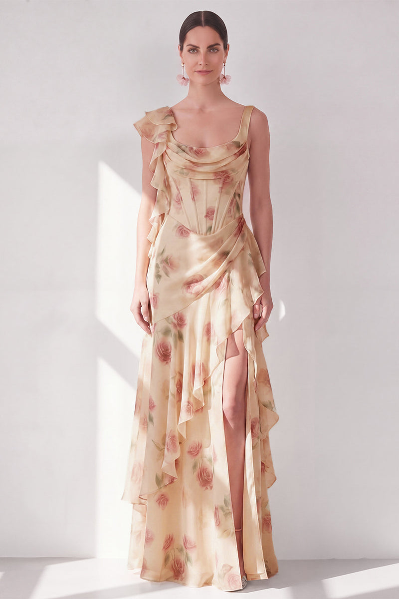 Laden Sie das Bild in den Galerie-Viewer, Aprikosen-Meerjungfrauen-Chiffon mit gerafftem Korsett und gerüschendem Blumen-Maxikleid mit Schlitz