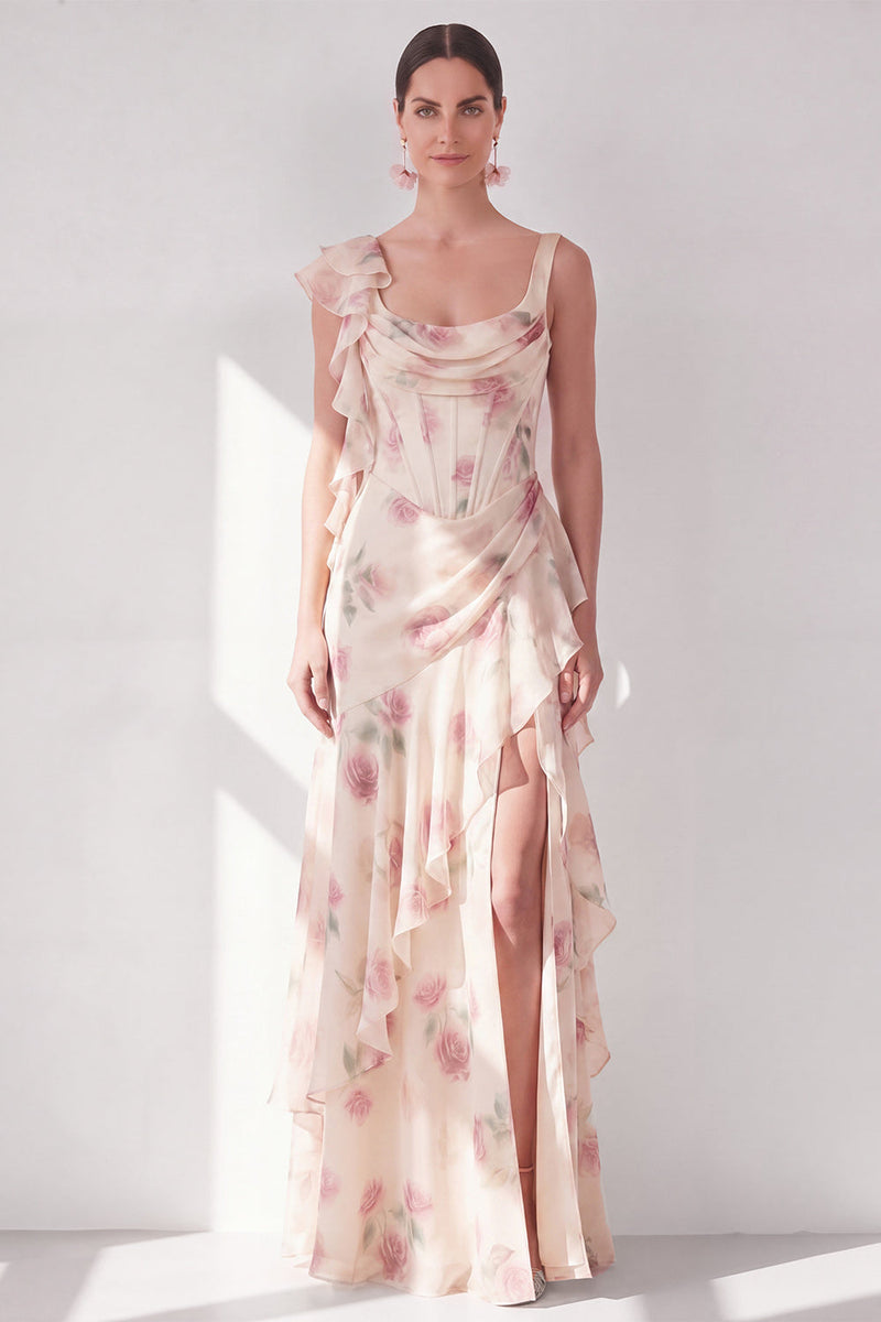 Laden Sie das Bild in den Galerie-Viewer, Aprikosen-Meerjungfrauen-Chiffon mit gerafftem Korsett und gerüschendem Blumen-Maxikleid mit Schlitz