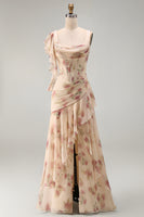 Laden Sie das Bild in den Galerie-Viewer, Aprikosen-Meerjungfrauen-Chiffon mit gerafftem Korsett und gerüschendem Blumen-Maxikleid mit Schlitz