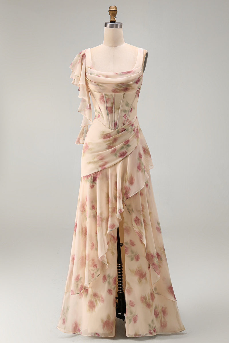 Laden Sie das Bild in den Galerie-Viewer, Aprikosen-Meerjungfrauen-Chiffon mit gerafftem Korsett und gerüschendem Blumen-Maxikleid mit Schlitz