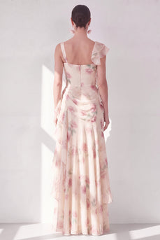 Aprikosen-Meerjungfrauen-Chiffon mit gerafftem Korsett und gerüschendem Blumen-Maxikleid mit Schlitz