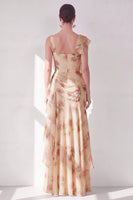 Laden Sie das Bild in den Galerie-Viewer, Aprikosen-Meerjungfrauen-Chiffon mit gerafftem Korsett und gerüschendem Blumen-Maxikleid mit Schlitz