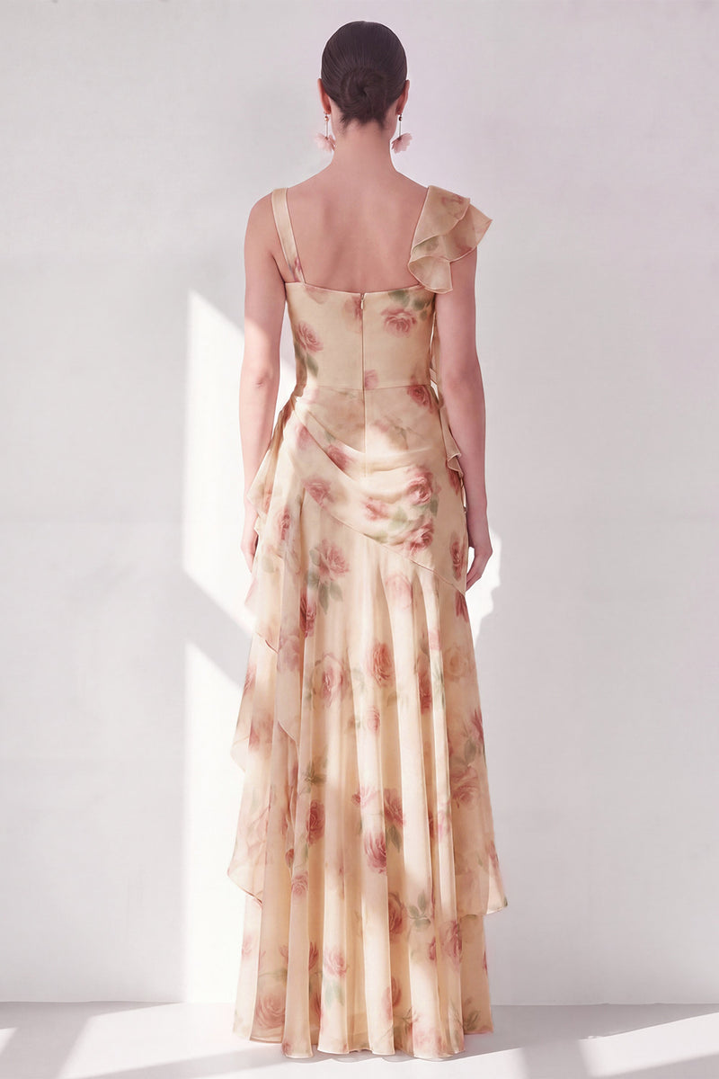 Laden Sie das Bild in den Galerie-Viewer, Aprikosen-Meerjungfrauen-Chiffon mit gerafftem Korsett und gerüschendem Blumen-Maxikleid mit Schlitz