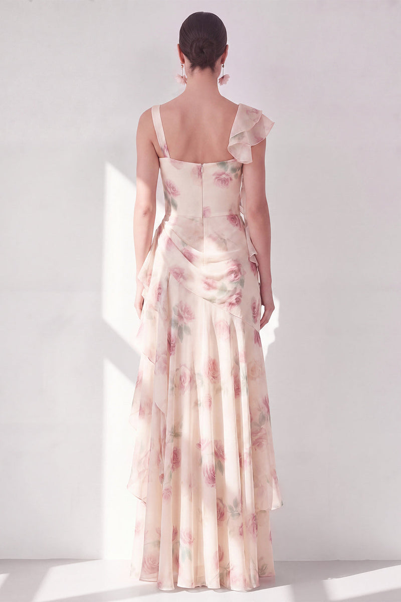 Laden Sie das Bild in den Galerie-Viewer, Aprikosen-Meerjungfrauen-Chiffon mit gerafftem Korsett und gerüschendem Blumen-Maxikleid mit Schlitz