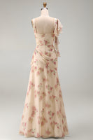 Laden Sie das Bild in den Galerie-Viewer, Aprikosen-Meerjungfrauen-Chiffon mit gerafftem Korsett und gerüschendem Blumen-Maxikleid mit Schlitz