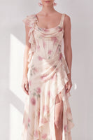 Laden Sie das Bild in den Galerie-Viewer, Aprikosen-Meerjungfrauen-Chiffon mit gerafftem Korsett und gerüschendem Blumen-Maxikleid mit Schlitz