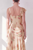 Laden Sie das Bild in den Galerie-Viewer, Aprikosen-Meerjungfrauen-Chiffon mit gerafftem Korsett und gerüschendem Blumen-Maxikleid mit Schlitz