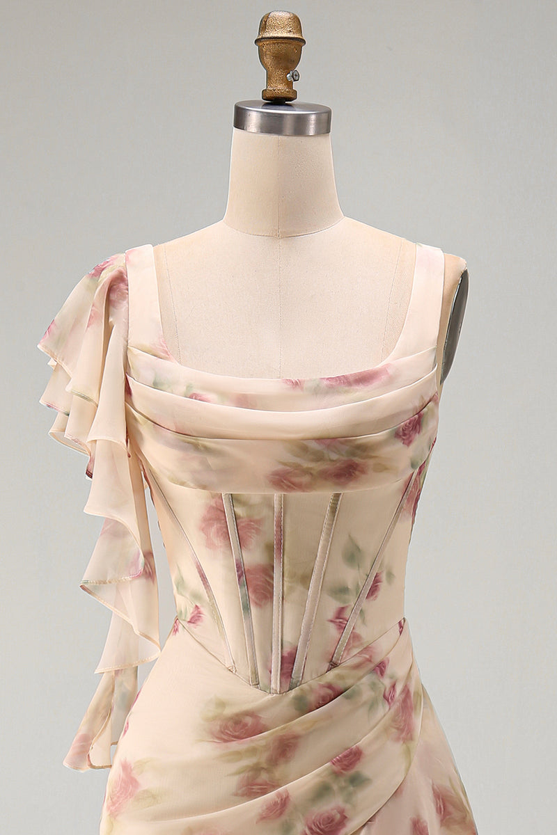Laden Sie das Bild in den Galerie-Viewer, Aprikosen-Meerjungfrauen-Chiffon mit gerafftem Korsett und gerüschendem Blumen-Maxikleid mit Schlitz