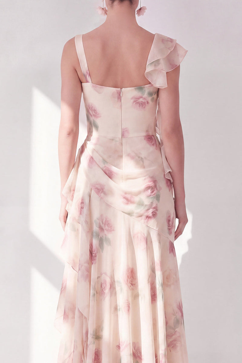Laden Sie das Bild in den Galerie-Viewer, Aprikosen-Meerjungfrauen-Chiffon mit gerafftem Korsett und gerüschendem Blumen-Maxikleid mit Schlitz