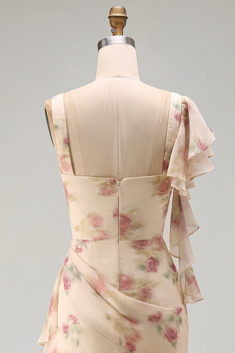 Laden Sie das Bild in den Galerie-Viewer, Aprikosen-Meerjungfrauen-Chiffon mit gerafftem Korsett und gerüschendem Blumen-Maxikleid mit Schlitz