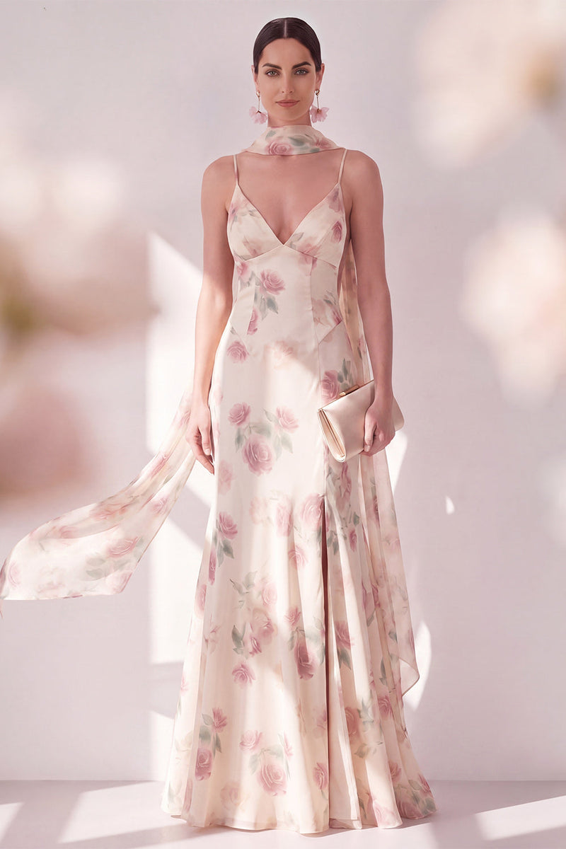 Laden Sie das Bild in den Galerie-Viewer, Aprikosen-Meerjungfrau-Chiffon-Spaghettiträger Maxi-Blumenkleid mit Schlitz