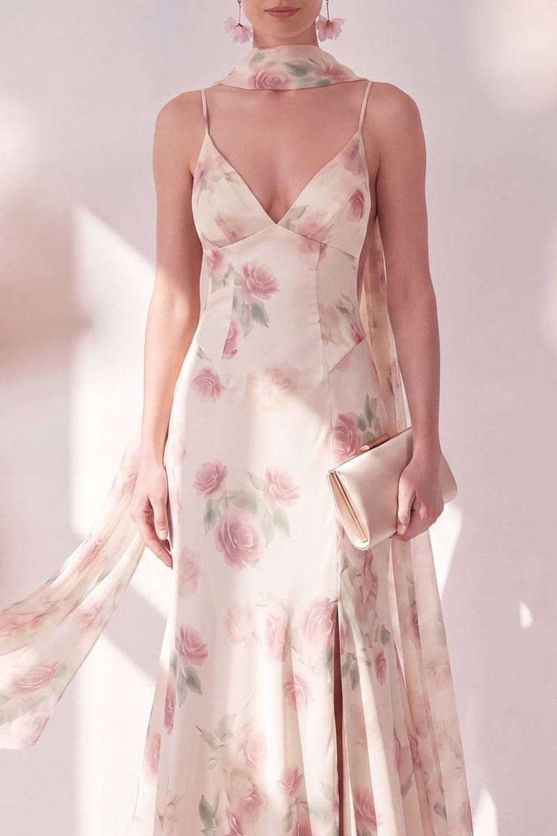 Laden Sie das Bild in den Galerie-Viewer, Aprikosen-Meerjungfrau-Chiffon-Spaghettiträger Maxi-Blumenkleid mit Schlitz