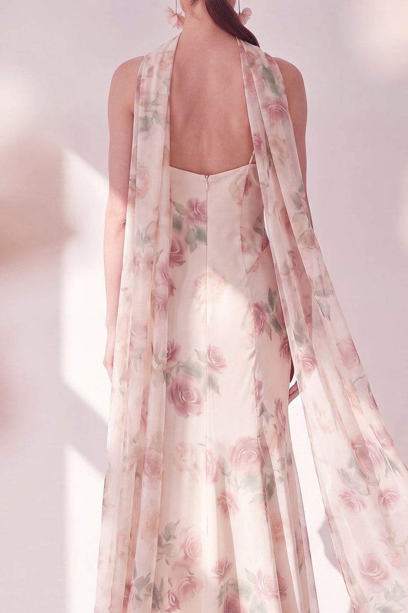 Laden Sie das Bild in den Galerie-Viewer, Aprikosen-Meerjungfrau-Chiffon-Spaghettiträger Maxi-Blumenkleid mit Schlitz
