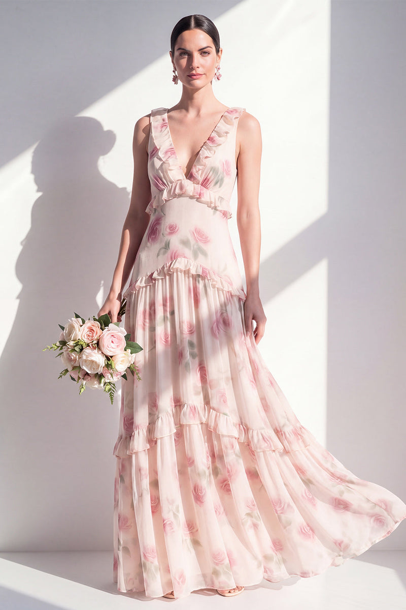 Laden Sie das Bild in den Galerie-Viewer, Aprikosen-Blumen-A-Linie V-Ausschnitt Chiffon lange Brautjungfernkleid mit Rüschen